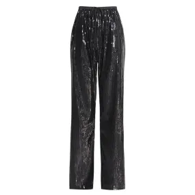 Glinting Drawstring Tie High Waist Zip Pocket Wide Leg Sequin Pants