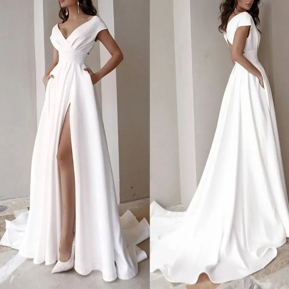 Gown Popular V-neck Side Slit Elegant Dress Lady Formal Dress High Waist for Evening Women's Dresses White Long Skirt