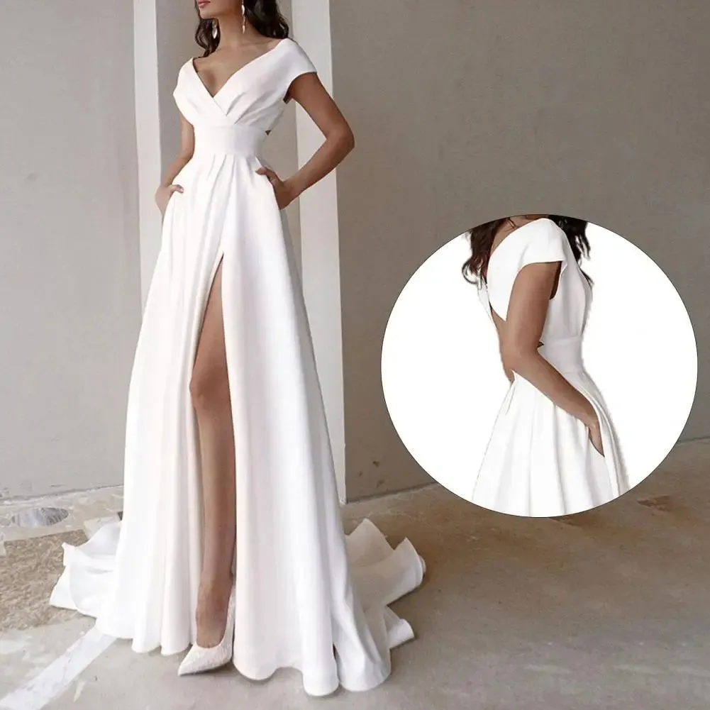 Gown Popular V-neck Side Slit Elegant Dress Lady Formal Dress High Waist for Evening Women's Dresses White Long Skirt