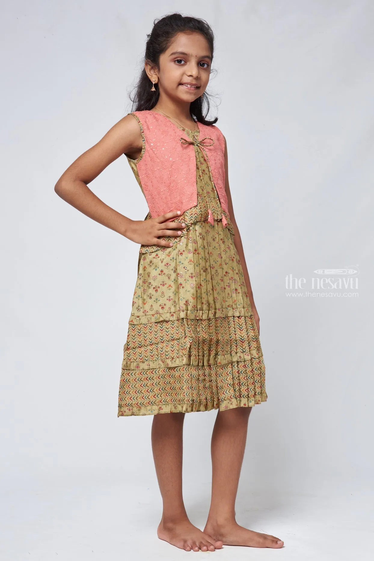 Green Geometrical Pleated Cotton Frock with Salmon Overcoat - Stylish Girls Dress