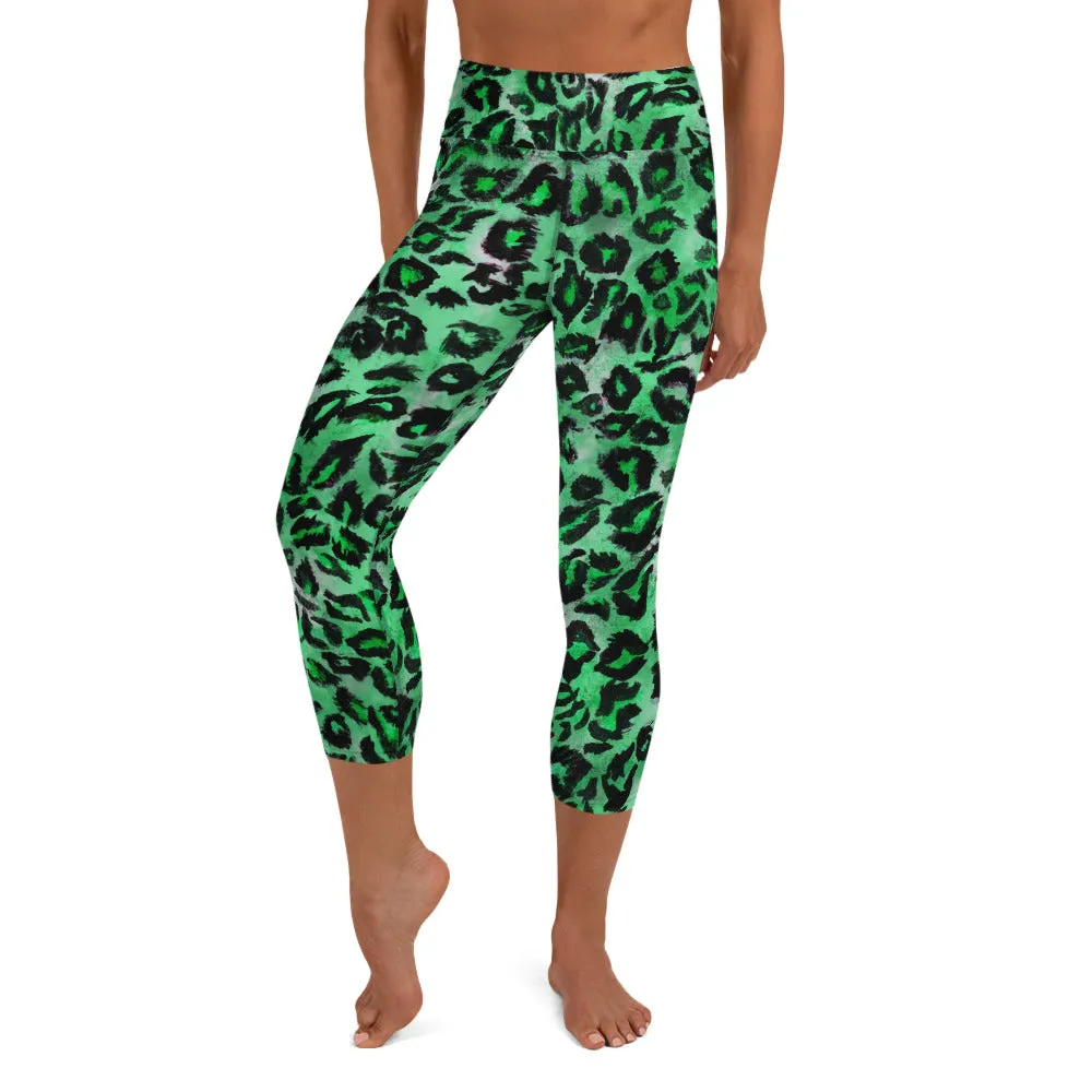 Green Leopard Women's Capri Leggings, Animal Print Yoga Capris Tights - Made in USA/ EU