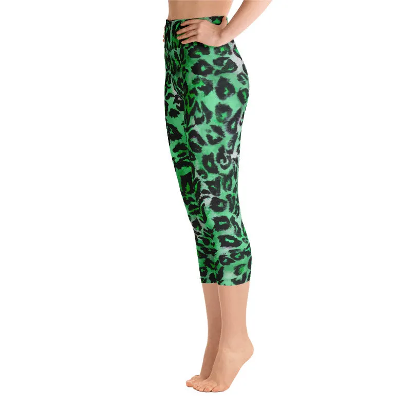 Green Leopard Women's Capri Leggings, Animal Print Yoga Capris Tights - Made in USA/ EU