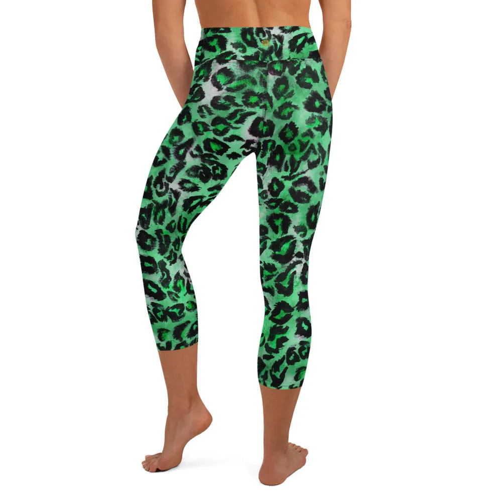 Green Leopard Women's Capri Leggings, Animal Print Yoga Capris Tights - Made in USA/ EU