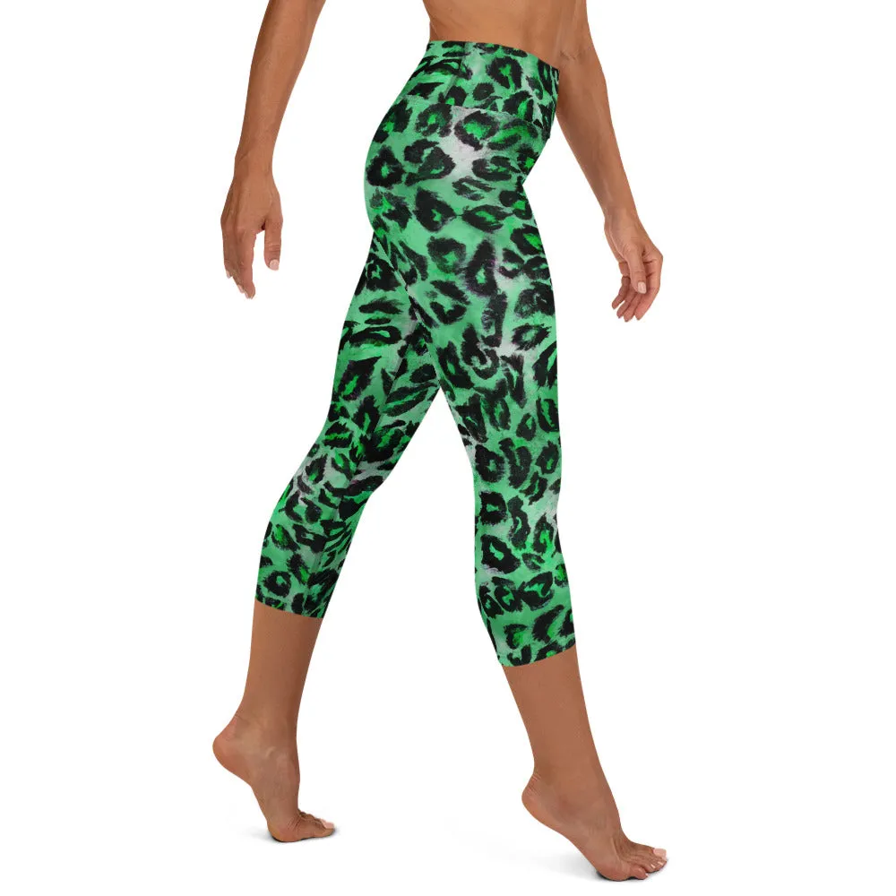 Green Leopard Women's Capri Leggings, Animal Print Yoga Capris Tights - Made in USA/ EU