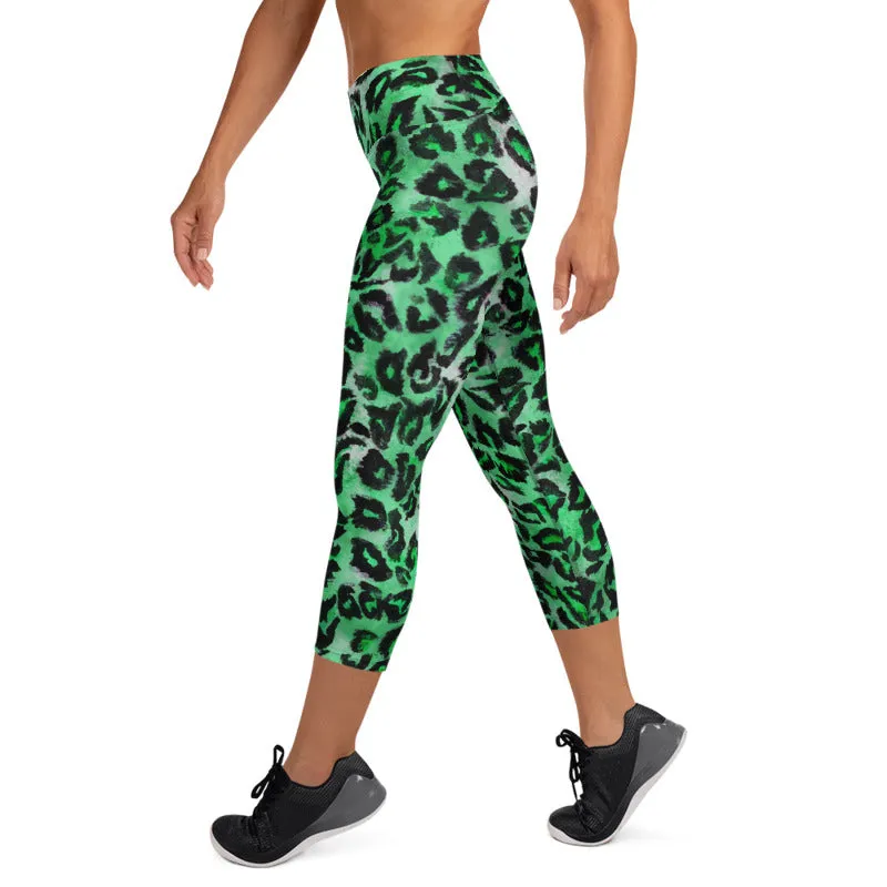 Green Leopard Women's Capri Leggings, Animal Print Yoga Capris Tights - Made in USA/ EU