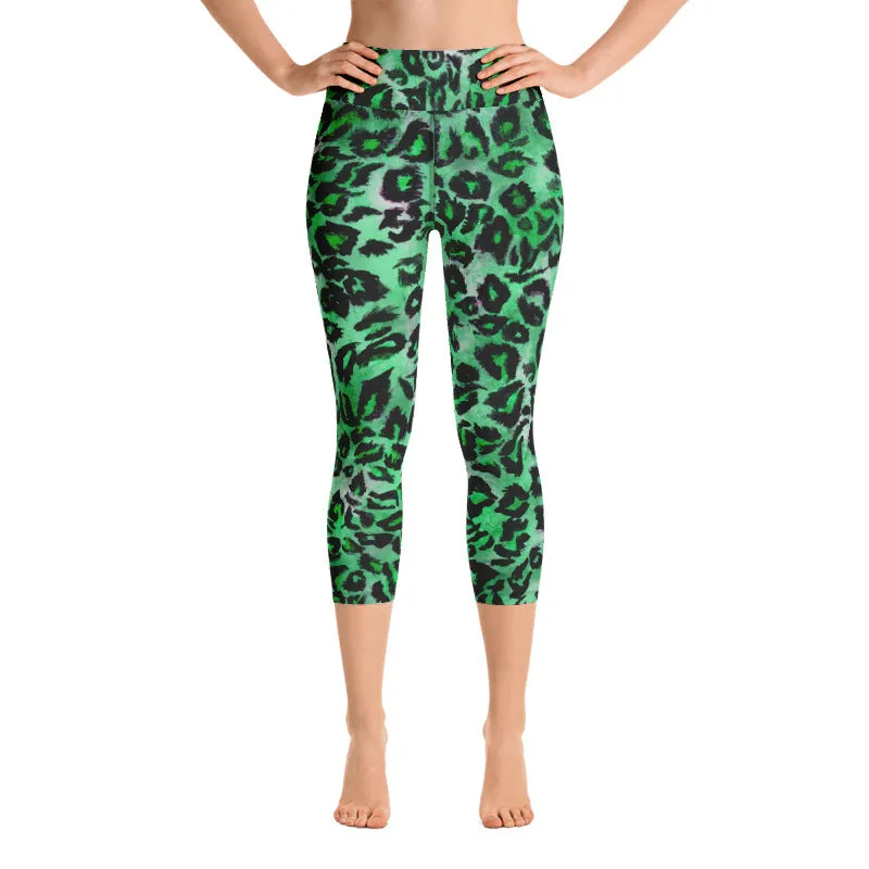 Green Leopard Women's Capri Leggings, Animal Print Yoga Capris Tights - Made in USA/ EU