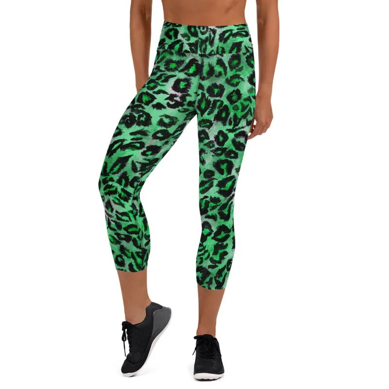 Green Leopard Women's Capri Leggings, Animal Print Yoga Capris Tights - Made in USA/ EU