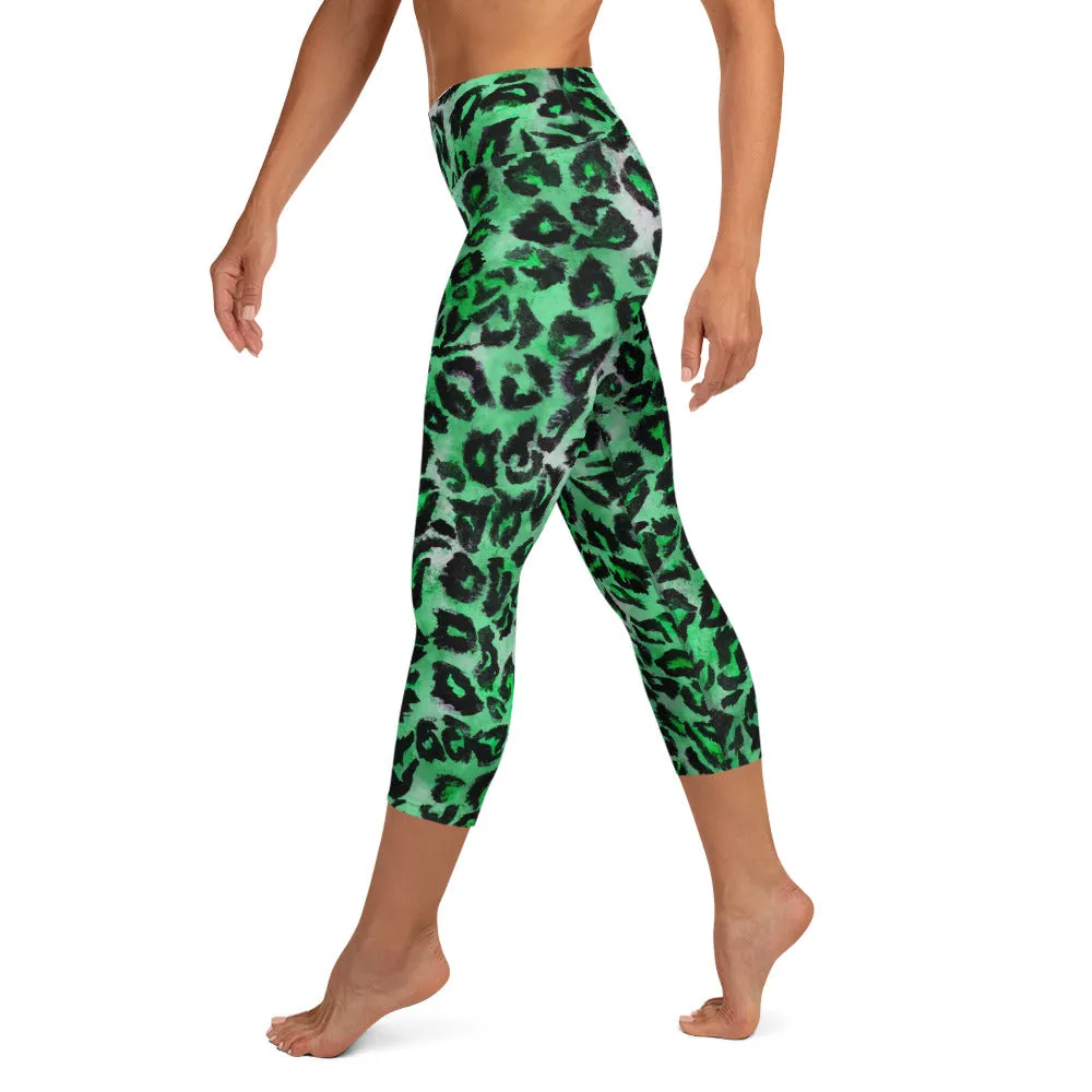 Green Leopard Women's Capri Leggings, Animal Print Yoga Capris Tights - Made in USA/ EU