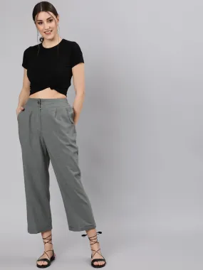 Grey Cotton Slub Straight High Rise Bottom-Fold Pants