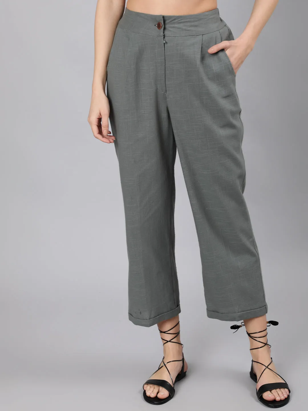 Grey Cotton Slub Straight High Rise Bottom-Fold Pants