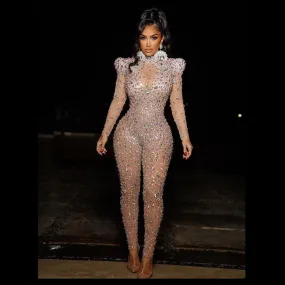 GV Womens' Diamond Bodysuit See Through Crystal Romper Dress Women Singer Blinged Dance wear