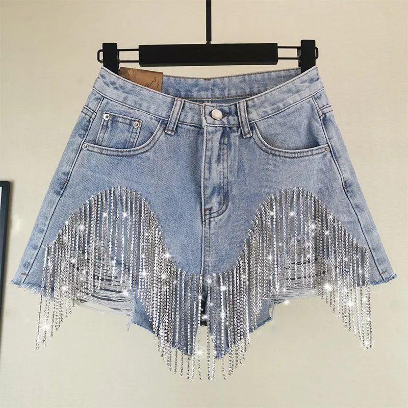 High Waist Tassel Chain Jeans Shorts