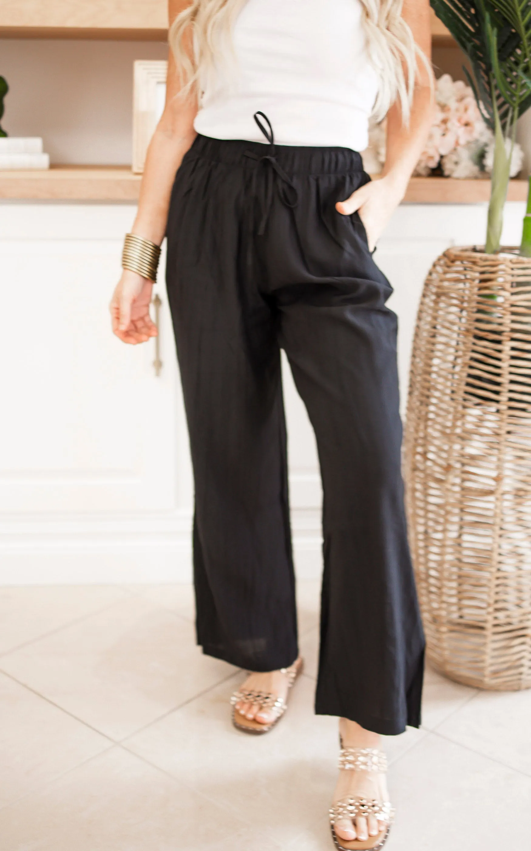 High-Waist Tie Waist Linen Blend Wide Leg Pants - Final Sale