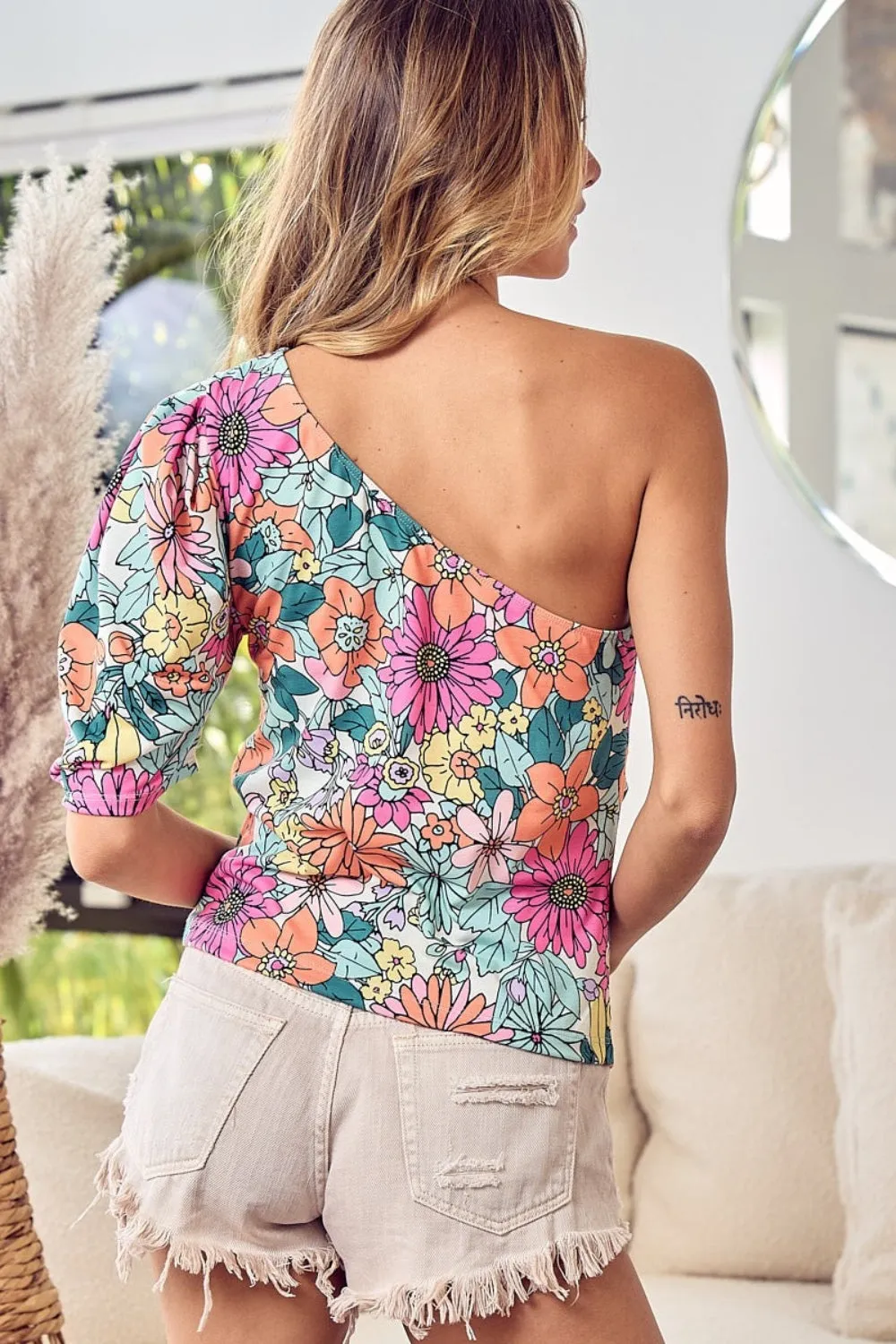 Hot Girl Floral Puff Sleeve One Shoulder Short Sleeve Top