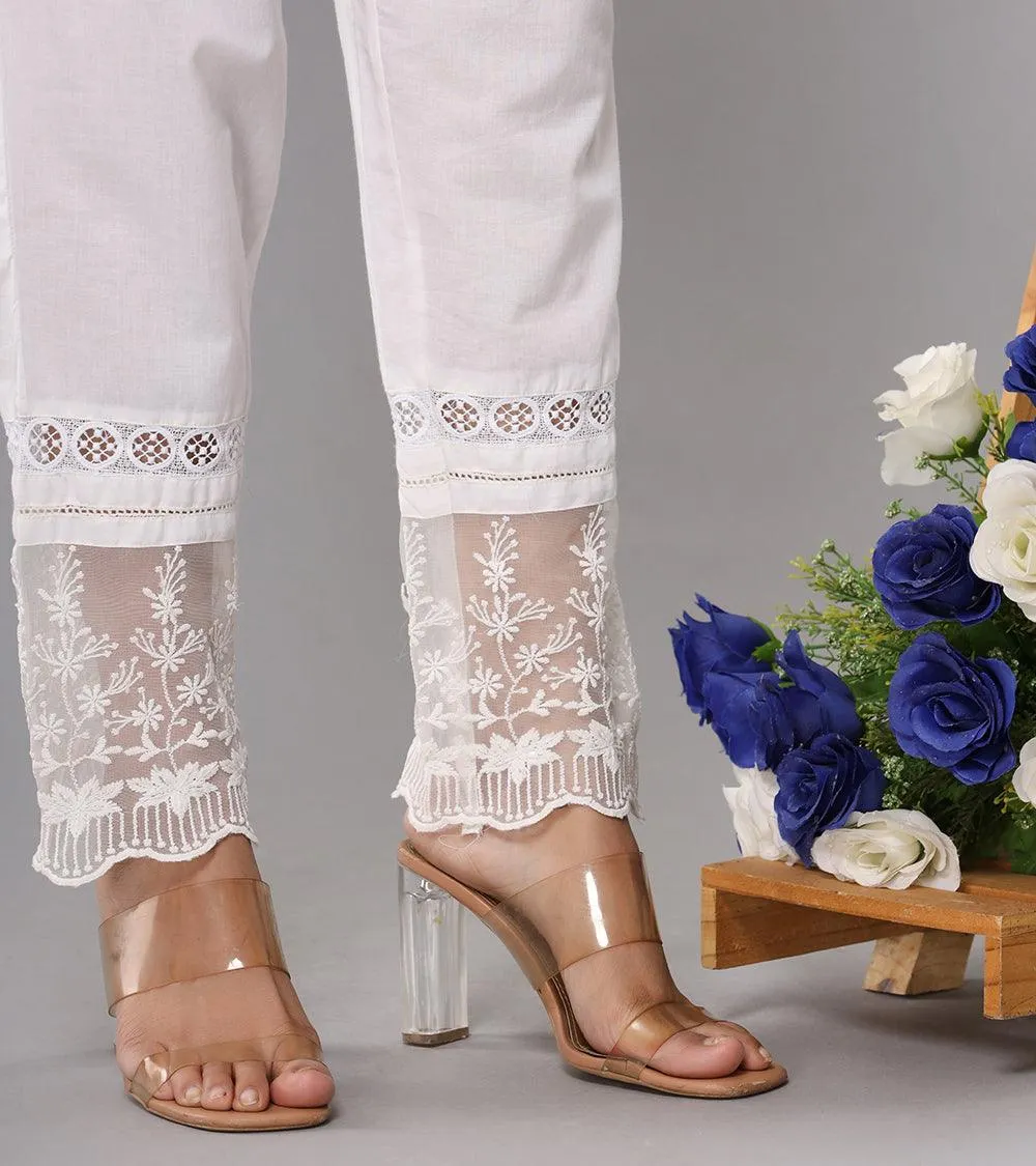 Ice White Designer White Cotton Lace Pant