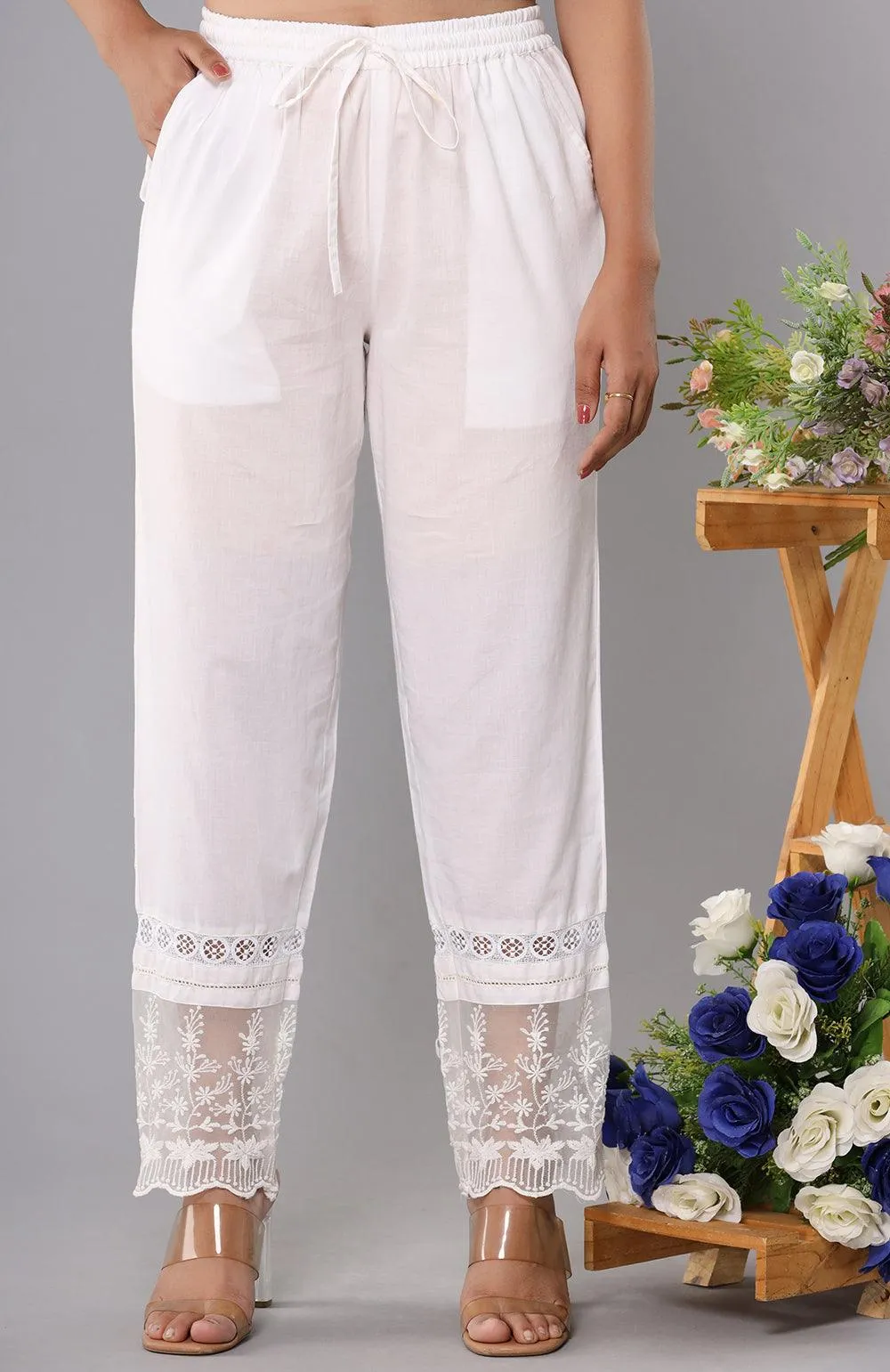 Ice White Designer White Cotton Lace Pant