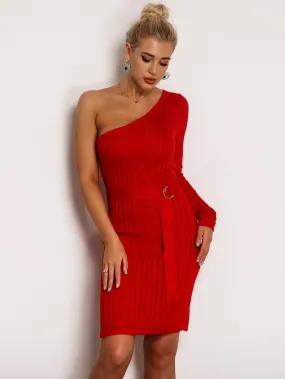 Joyfunear One Shoulder Rib-knit Belted Pencil Dress