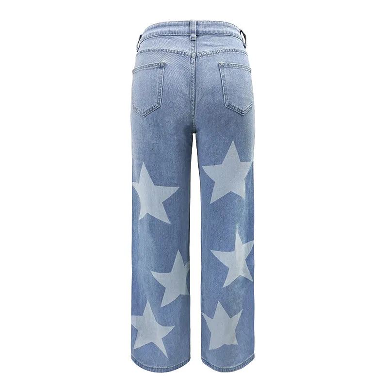 JuliaFashion - 2024 Women High Waist Fashion Pentagram Print Washed Jean