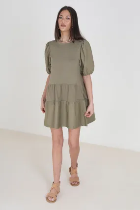 KHAKI CREW NECK PUFF SLEEVE SMOCK DRESS