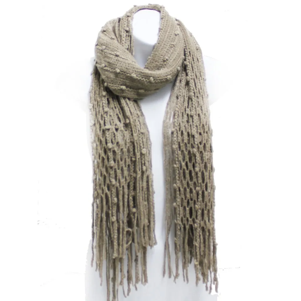 Khaki Winter Knit Fish Net Weave Oblong Scarf with Fringe