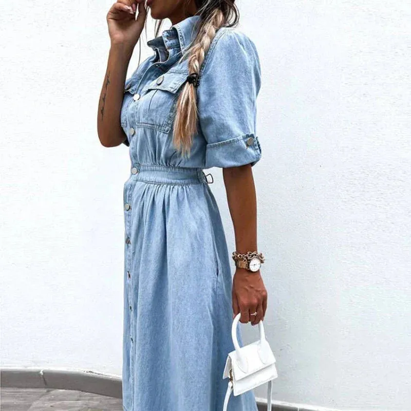 Lapel Button High Street Office Denim Chic Short Sleeve Elastic Waist Long Elegant Elegant Dress