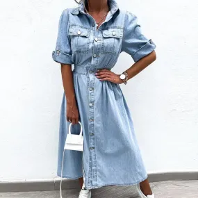 Lapel Button High Street Office Denim Chic Short Sleeve Elastic Waist Long Elegant Elegant Dress