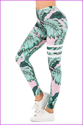 Leaf Printing High Waist Slim Fitness Pants DE111