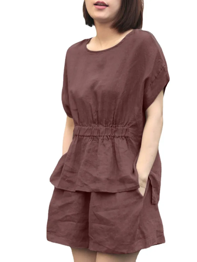 Leisure Solid Pocket Ruched High-Low Hem Elastic Waist Cotton Suit