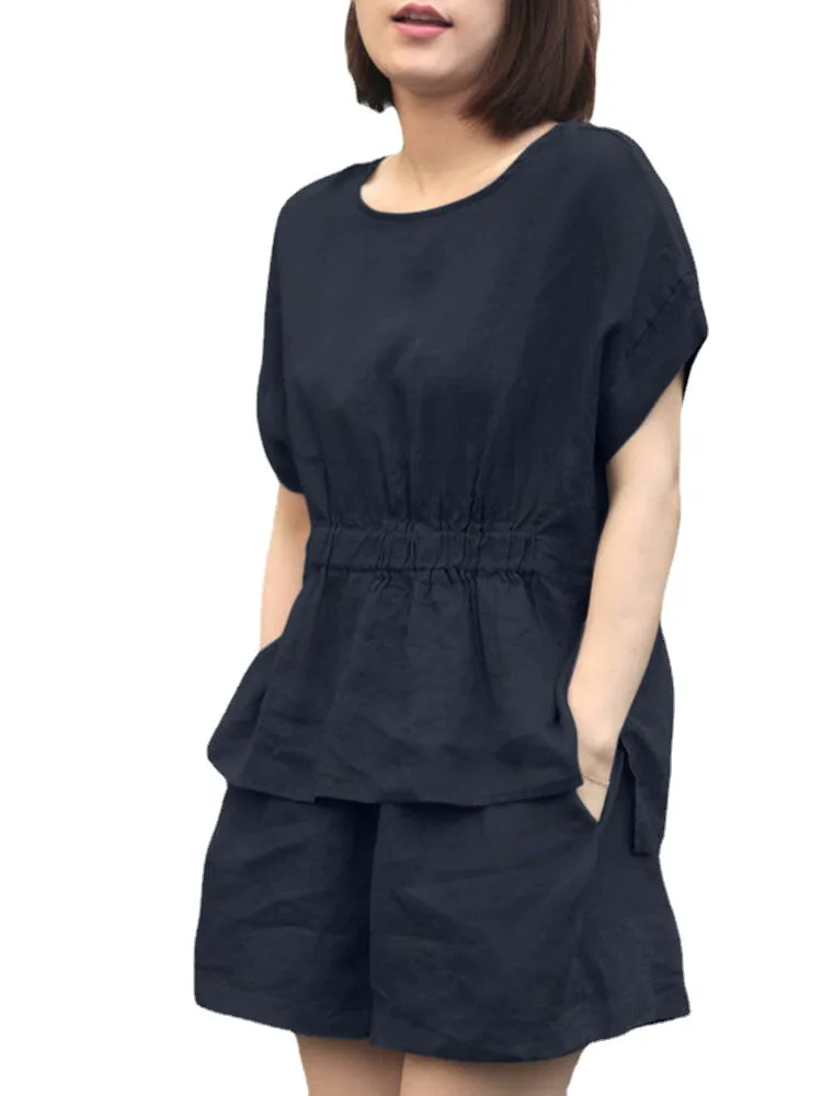 Leisure Solid Pocket Ruched High-Low Hem Elastic Waist Cotton Suit