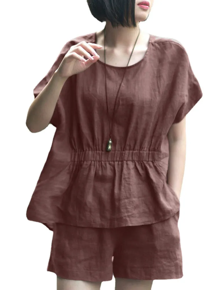 Leisure Solid Pocket Ruched High-Low Hem Elastic Waist Cotton Suit