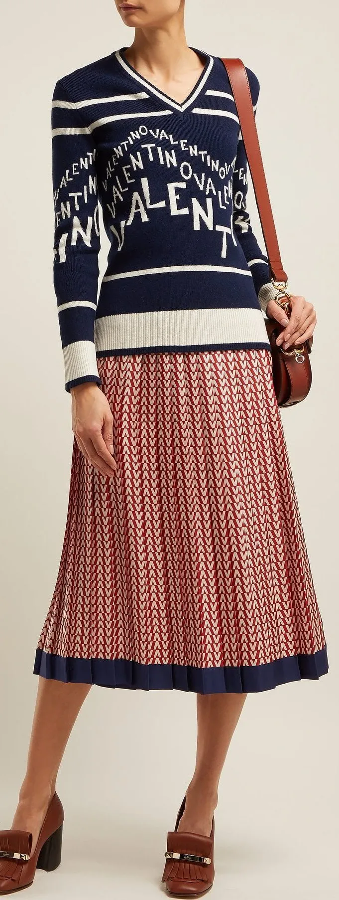 Logo Intarsia Sweater and Optical Print Pleated Midi Skirt