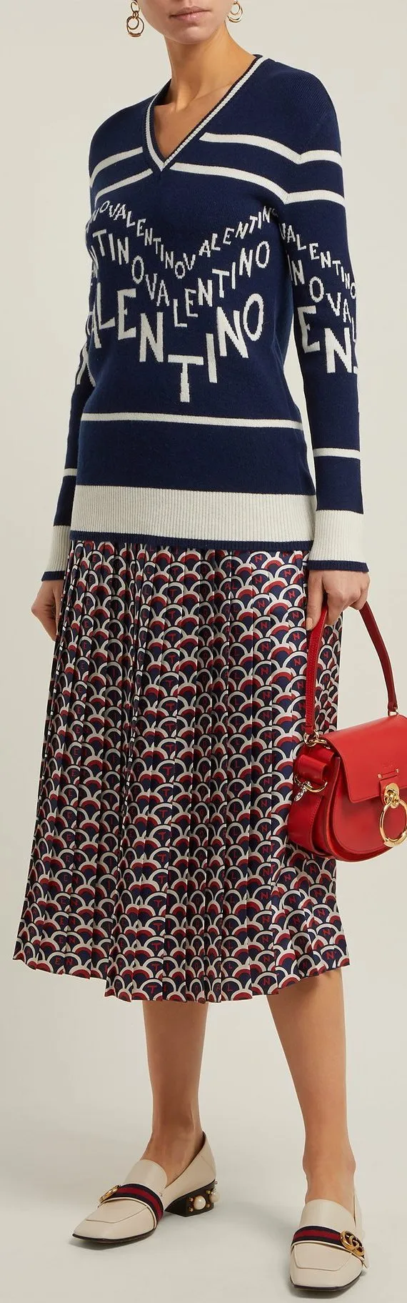 Logo Intarsia Sweater and Optical Print Pleated Midi Skirt