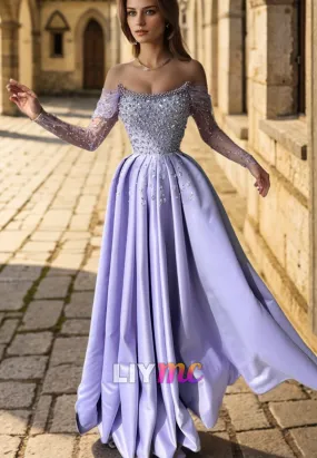 LP2281 - Off-Shoulder Beaded Long Sleeves Pleated A-Line Prom Dress