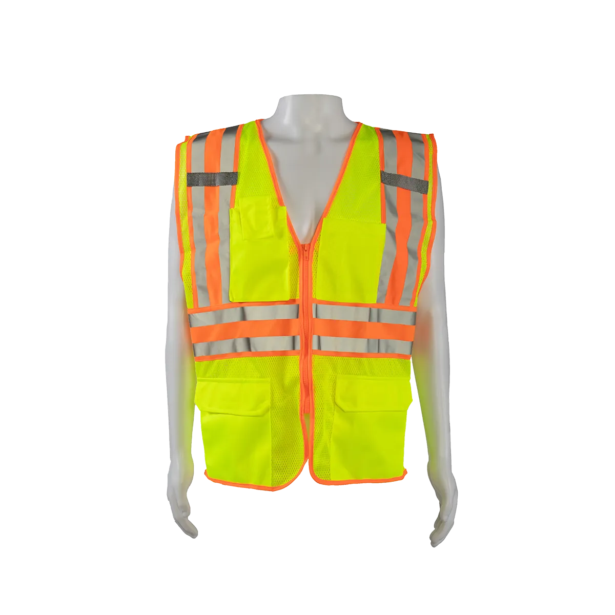 LVM2-CB2 ANSI Class 2 Deluxe Two Tone DOT  Safety Vest , Lime Mesh Orange Contrast