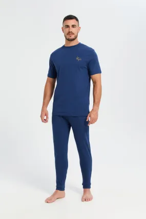 Men Blue Plain T-Shirt And Pants Pyjama Set (2 Piece)