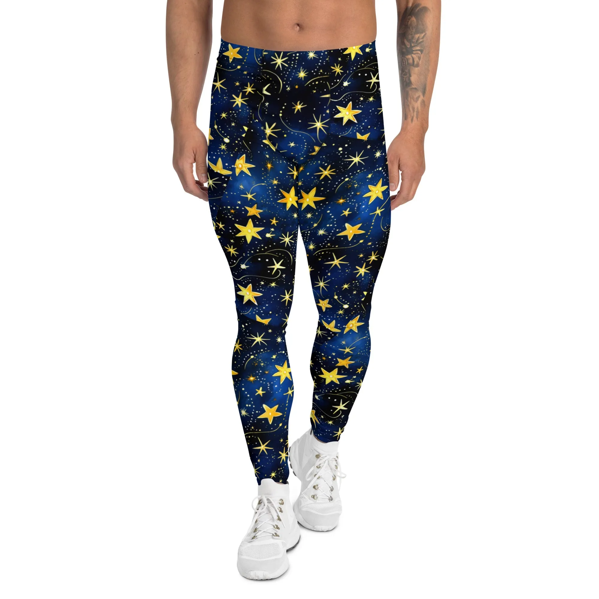 Men's Leggings, Ugly Christmas, Holiday Men's Tights, Stars, Blue, Yellow