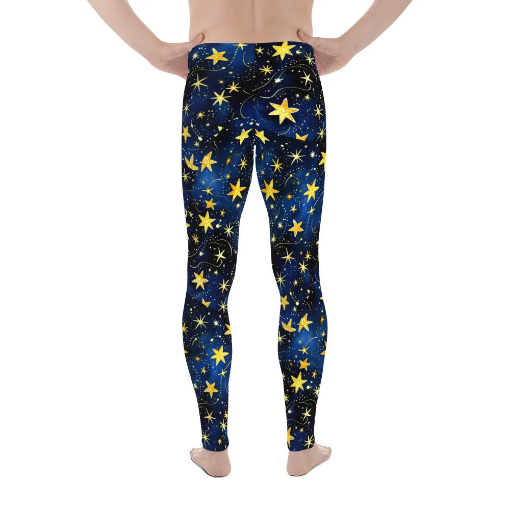 Men's Leggings, Ugly Christmas, Holiday Men's Tights, Stars, Blue, Yellow