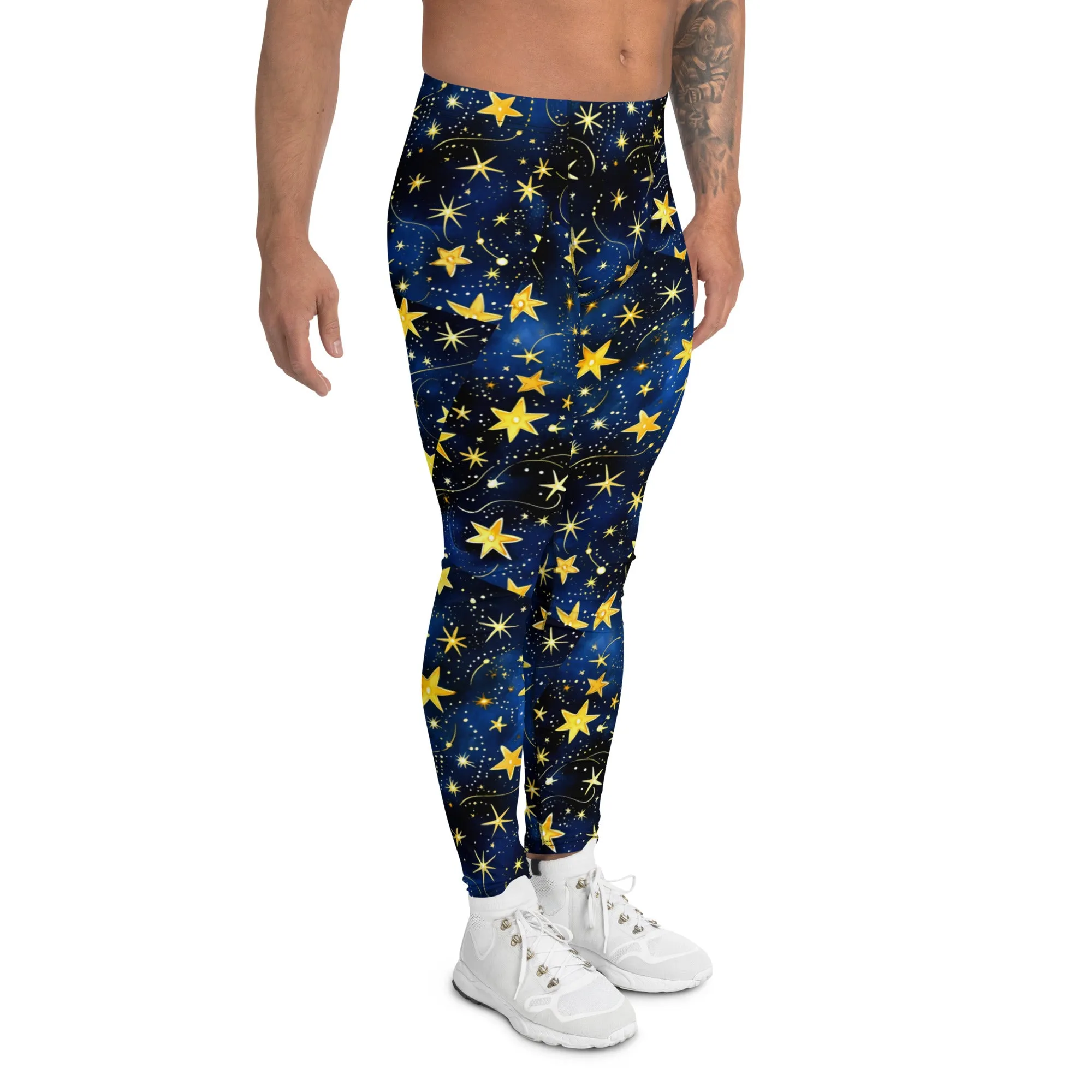 Men's Leggings, Ugly Christmas, Holiday Men's Tights, Stars, Blue, Yellow