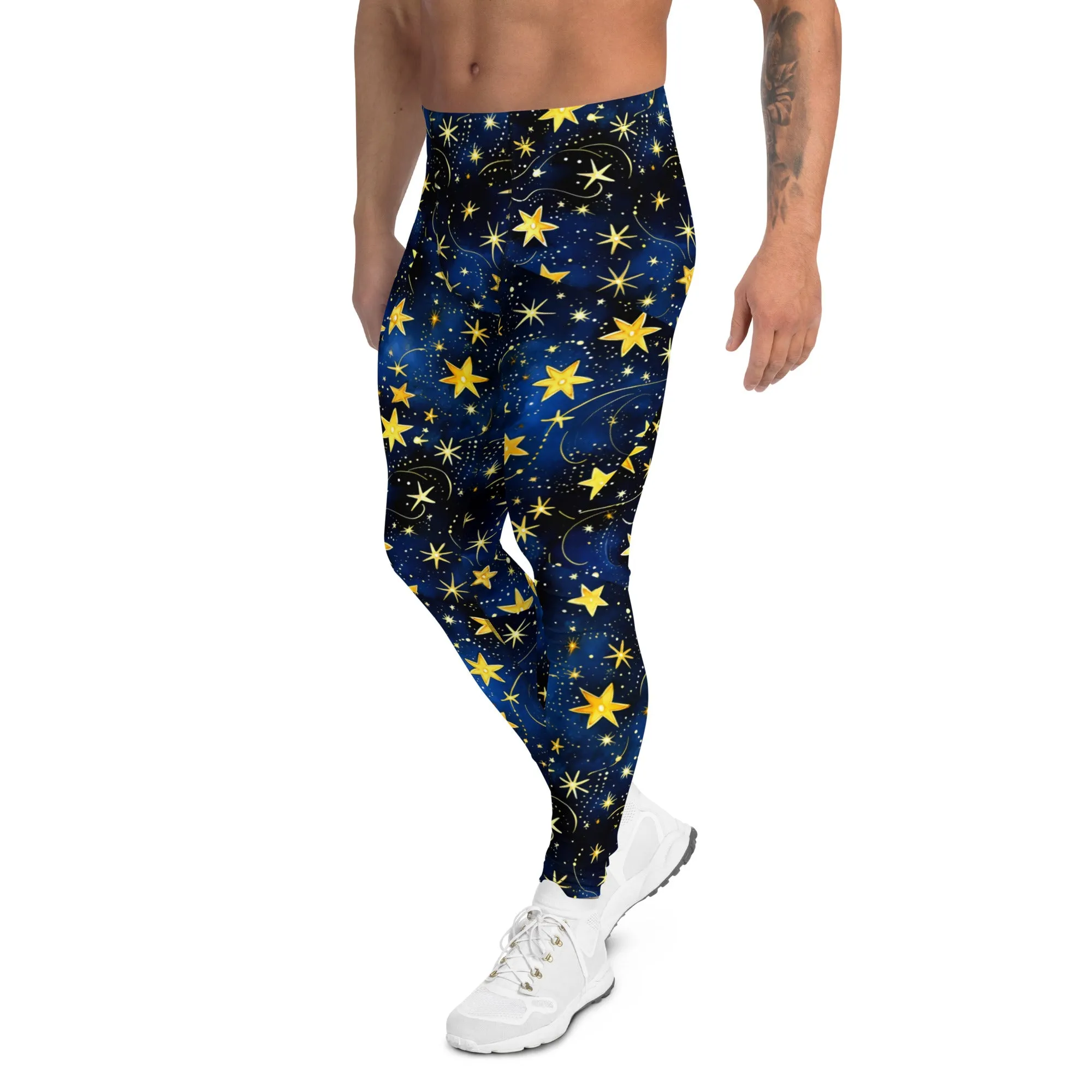 Men's Leggings, Ugly Christmas, Holiday Men's Tights, Stars, Blue, Yellow