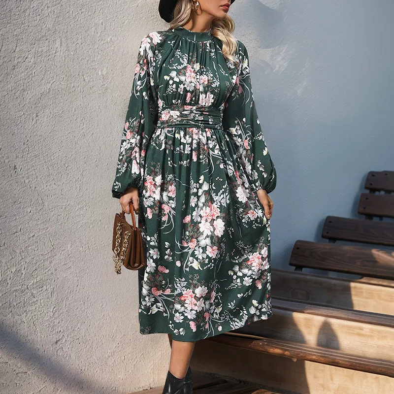 METAVERSMALL New autumn new retro printing temperament elegant high waist dress long sleeve stand-up collar hot sale women's long dress