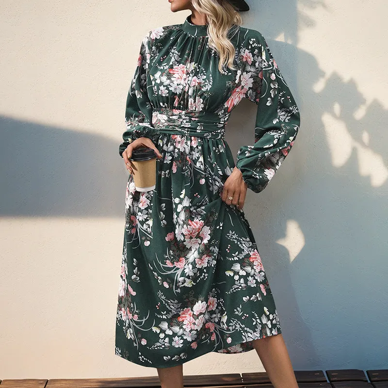 METAVERSMALL New autumn new retro printing temperament elegant high waist dress long sleeve stand-up collar hot sale women's long dress