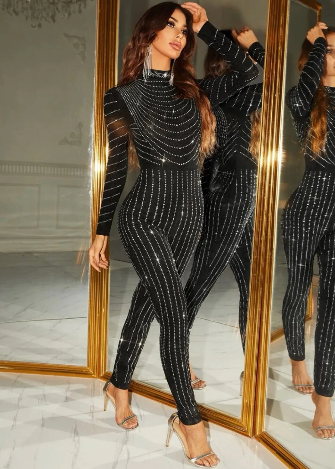 Mock Neck Rhinestone Unitard Jumpsuit