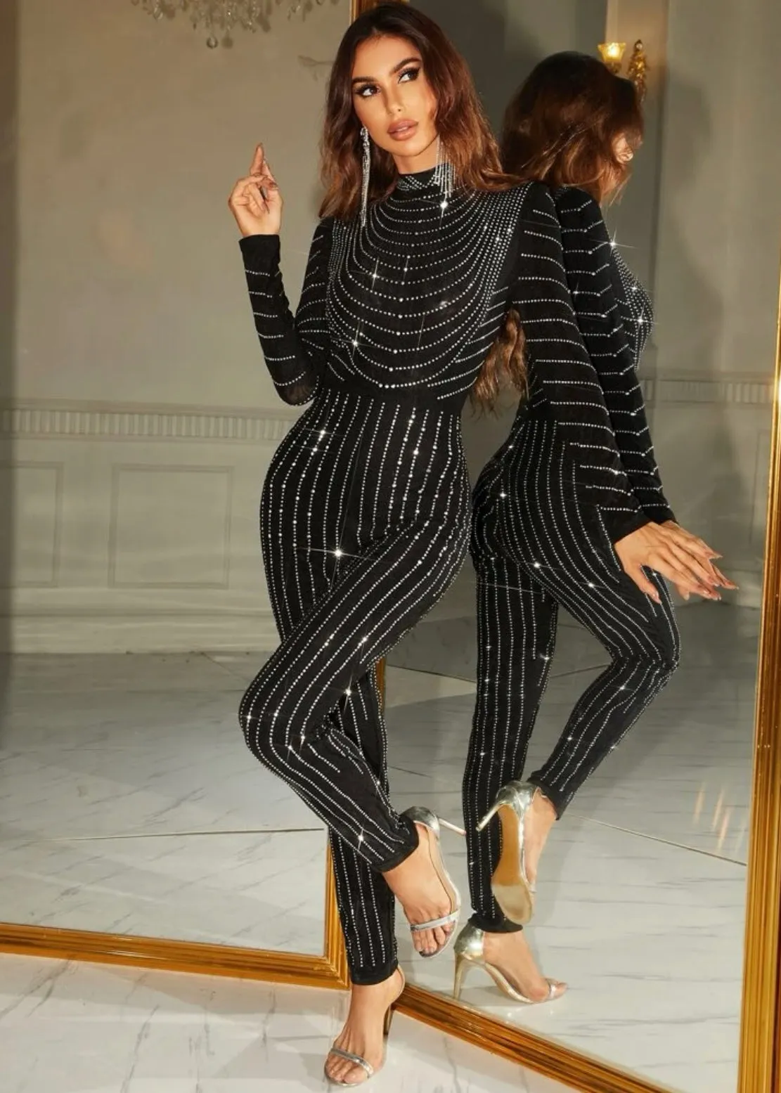 Mock Neck Rhinestone Unitard Jumpsuit