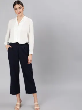 Navy Blue Cotton Slub Straight High Rise Bottom-Fold Pants