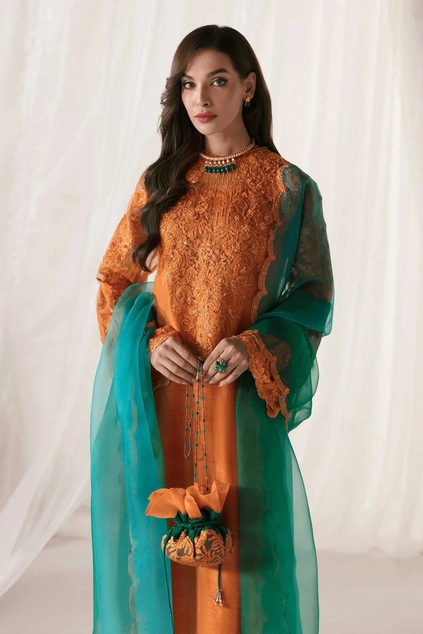 Nilofer Shahid - Korean Raw Silk Heavy Embroidered Shirt & Pants with Pure Organza Dupatta - Majestic Flare - 3 Piece