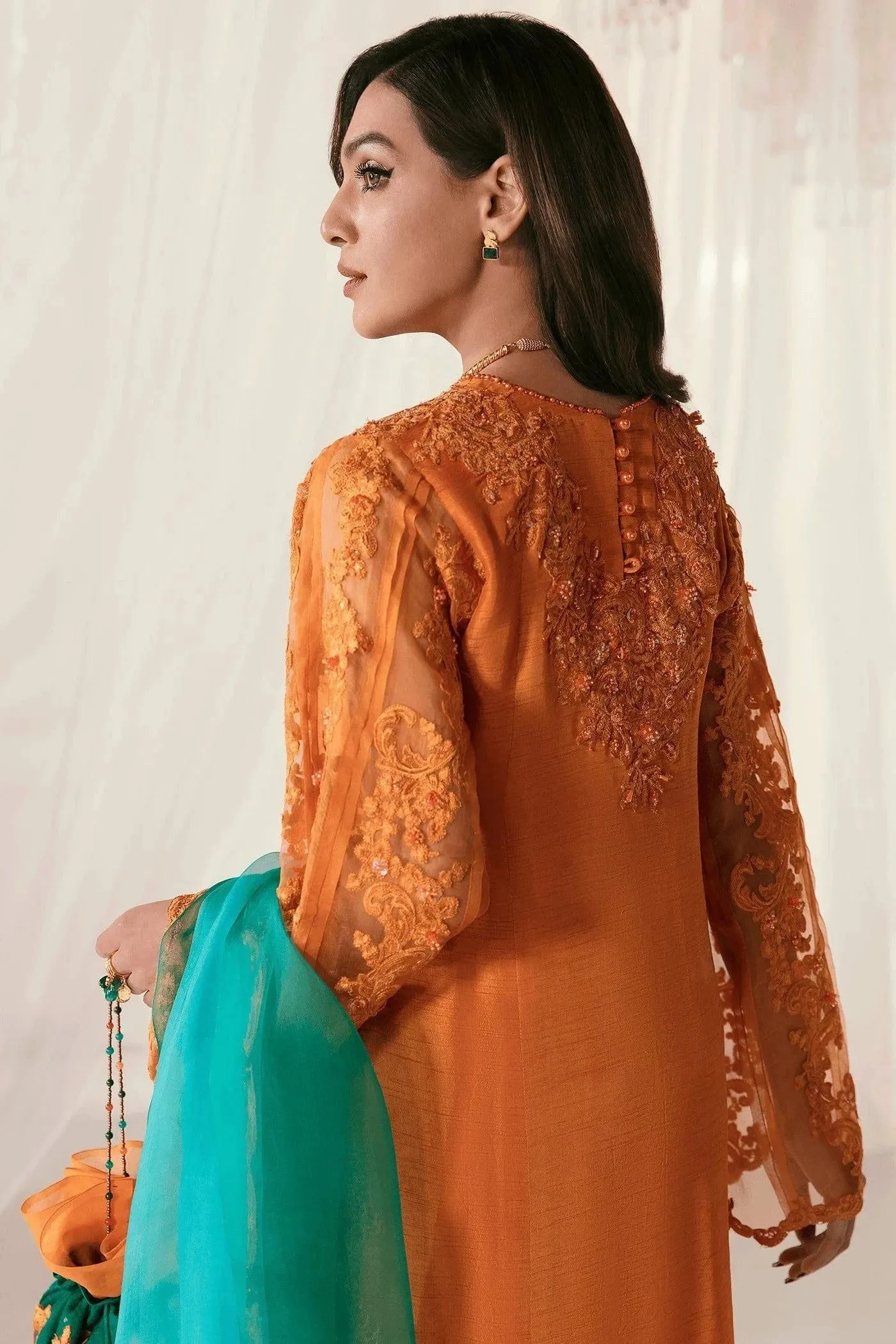 Nilofer Shahid - Korean Raw Silk Heavy Embroidered Shirt & Pants with Pure Organza Dupatta - Majestic Flare - 3 Piece