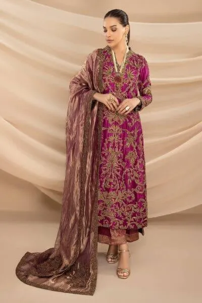 Nilofer Shahid - Magenta Embellished Tissue Organza Shirt with Khimkhaab Pants & Tissue Dupatta - 3 Piece