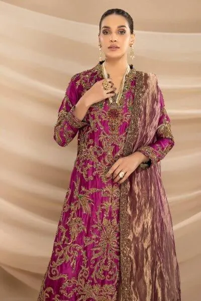 Nilofer Shahid - Magenta Embellished Tissue Organza Shirt with Khimkhaab Pants & Tissue Dupatta - 3 Piece