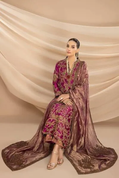 Nilofer Shahid - Magenta Embellished Tissue Organza Shirt with Khimkhaab Pants & Tissue Dupatta - 3 Piece