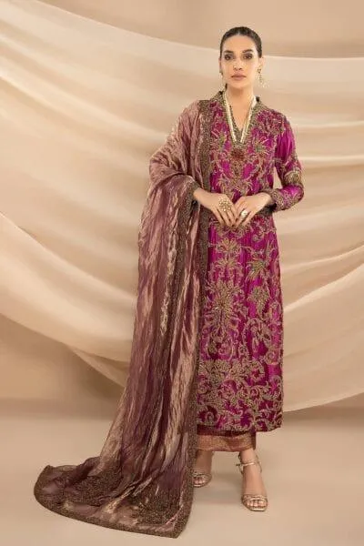 Nilofer Shahid - Magenta Embellished Tissue Organza Shirt with Khimkhaab Pants & Tissue Dupatta - 3 Piece